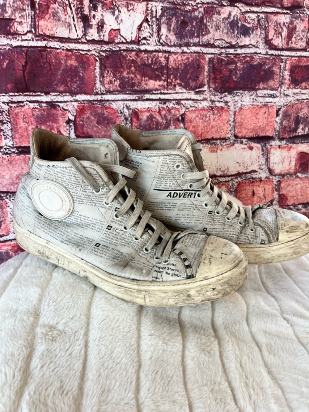 John Galliano Gazette Newspaper Print Leather High-Top Sneakers